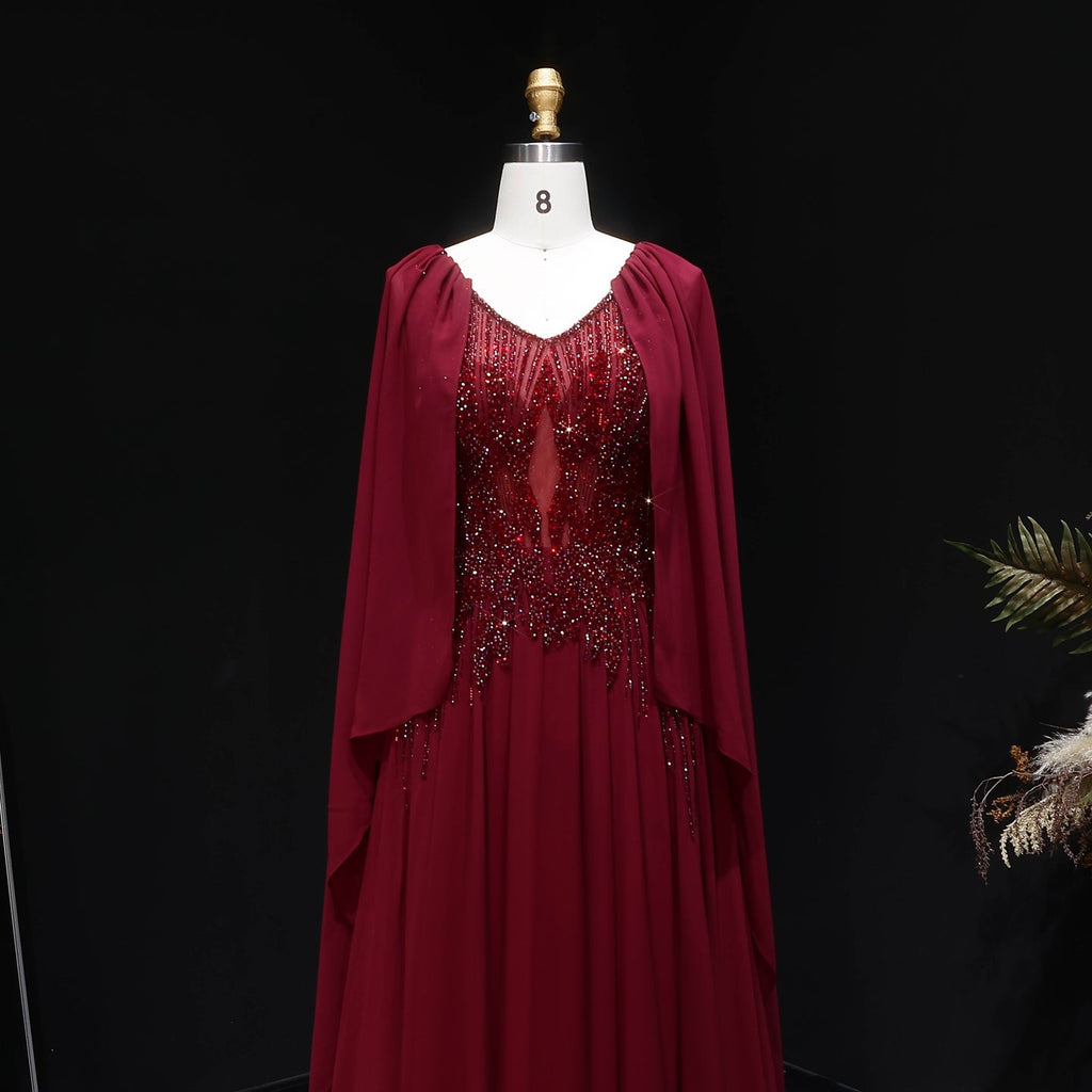 Elegant Purple V-Neck Beaded Chiffon Evening Dress with Cape Sleeves SS053