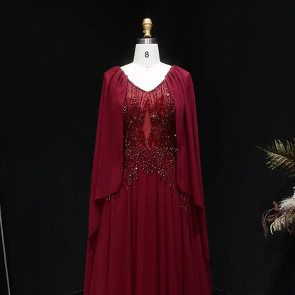 Luxury Purple V-Neck Beaded Chiffon Evening Dress with Cape Sleeves SS053