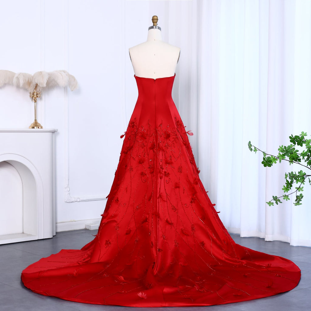 Luxury Feathers Coral Pink Beaded A-Line Evening Dresses SS470