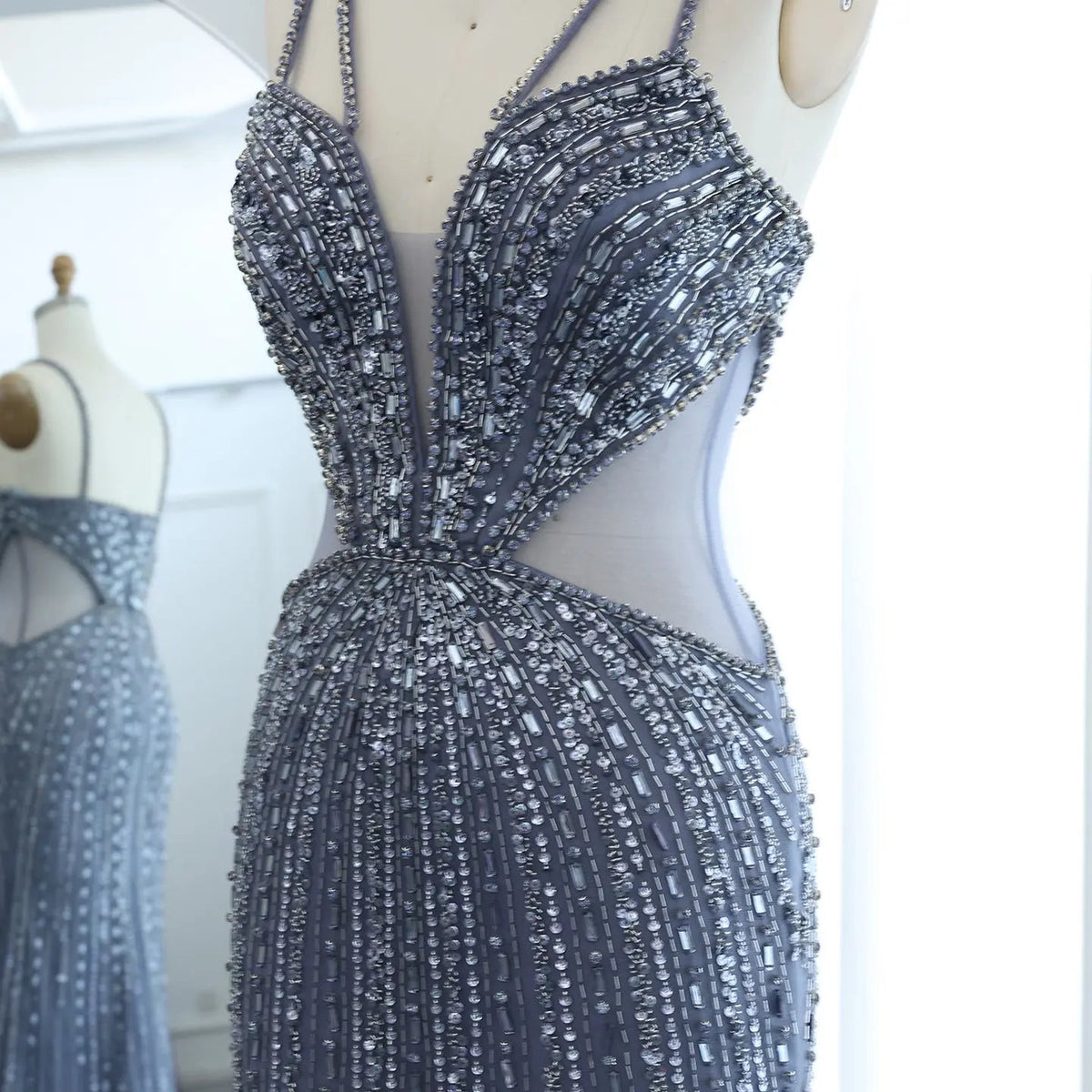 Luxury Beaded Crystal Blue Spaghetti Strap High-Slit Evening Dress SS177