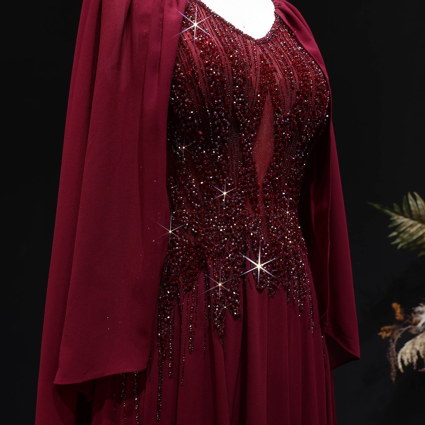Elegant Purple V-Neck Beaded Chiffon Evening Dress with Cape Sleeves SS053