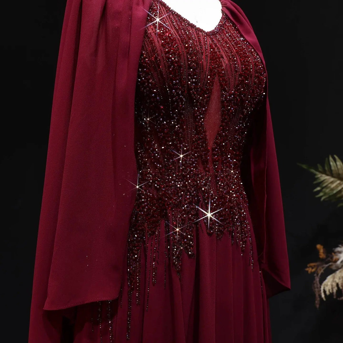 Luxury Purple V-Neck Beaded Chiffon Evening Dress with Cape Sleeves SS053