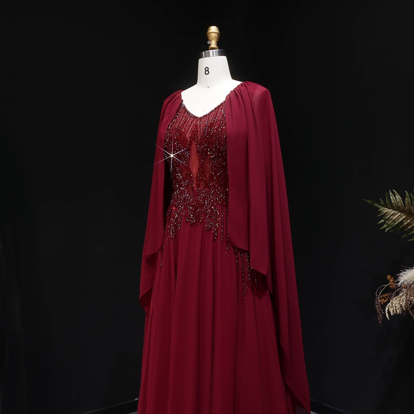 Elegant Purple V-Neck Beaded Chiffon Evening Dress with Cape Sleeves SS053