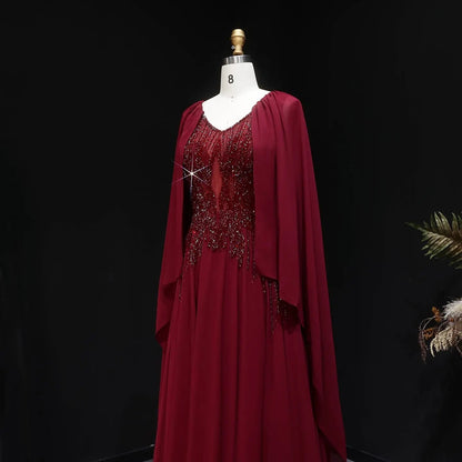 Luxury Purple V-Neck Beaded Chiffon Evening Dress with Cape Sleeves SS053