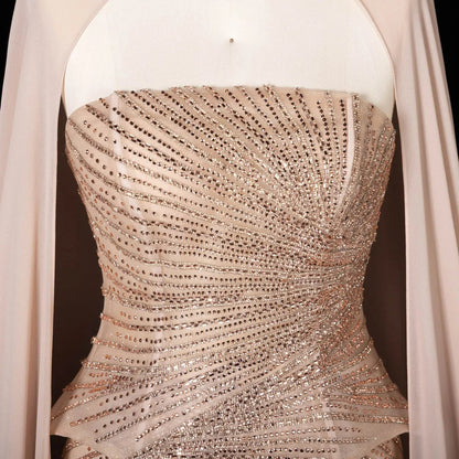 Blue Strapless Chiffon Cape Train Beaded Rhinestone Mermaid  With Evening Dress  SS112