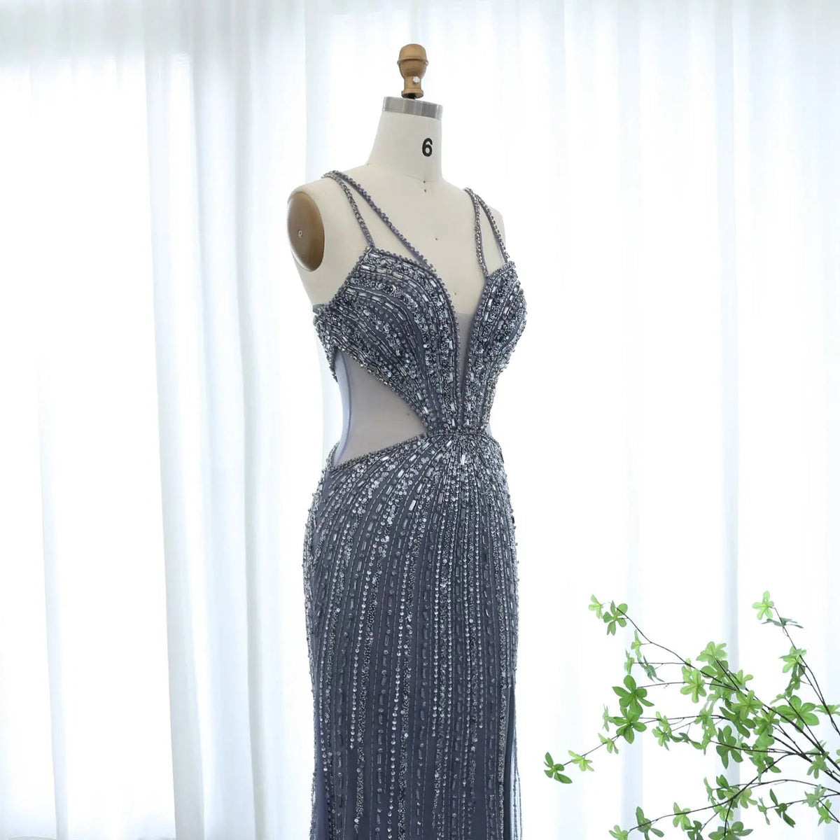 Luxury Beaded Crystal Blue Spaghetti Strap High-Slit Evening Dress SS177