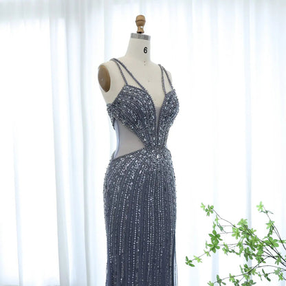 Luxury Beaded Crystal Blue Spaghetti Strap High-Slit Evening Dress SS177