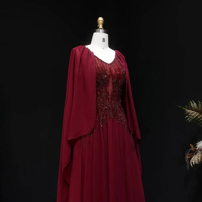 Luxury Purple V-Neck Beaded Chiffon Evening Dress with Cape Sleeves SS053