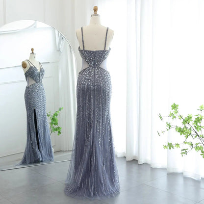 Luxury Beaded Crystal Blue Spaghetti Strap High-Slit Evening Dress SS177