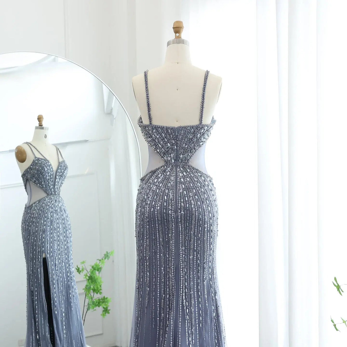 Luxury Beaded Crystal Blue Spaghetti Strap High-Slit Evening Dress SS177