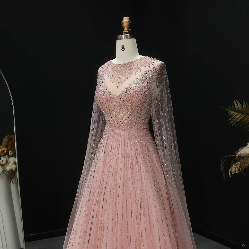 Luxury Pink Illusion Neck Beaded Chiffon Evening Dress with Cape Sleeves SS054