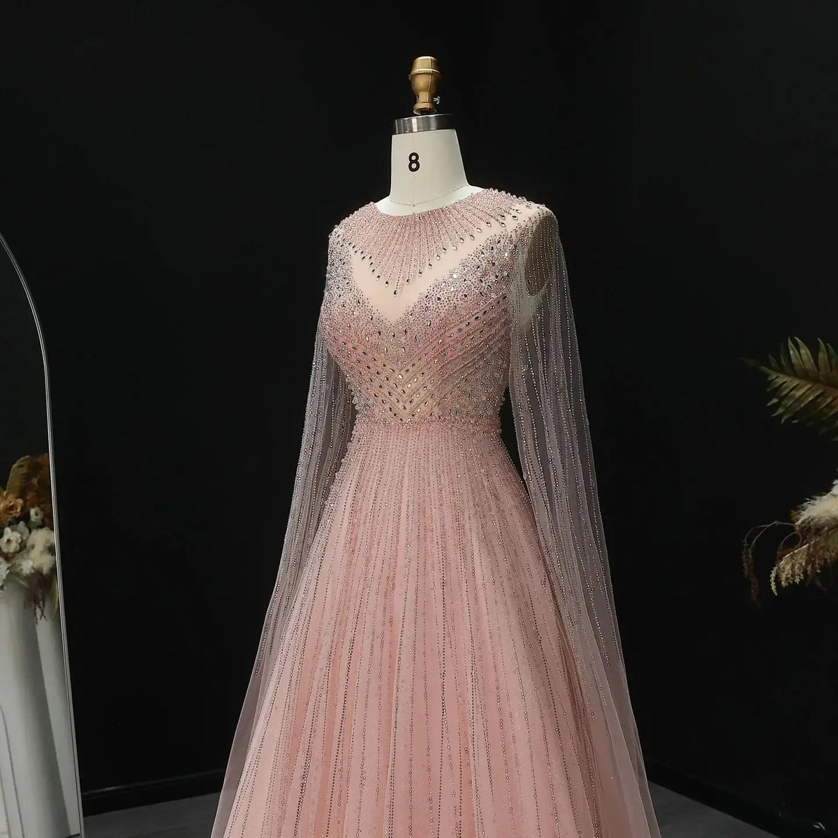 Glamorous Pink Illusion Neck Beaded Chiffon Evening Dress with Cape Sleeves SS054