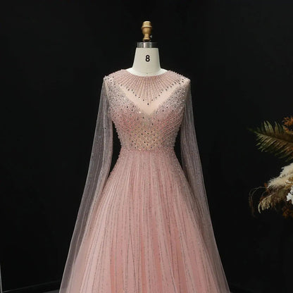 Glamorous Pink Illusion Neck Beaded Chiffon Evening Dress with Cape Sleeves SS054