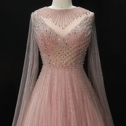 Glamorous Pink Illusion Neck Beaded Chiffon Evening Dress with Cape Sleeves SS054