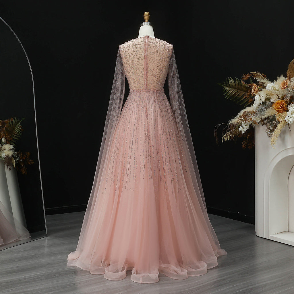 Luxury Pink Illusion Neck Beaded Chiffon Evening Dress with Cape Sleeves SS054