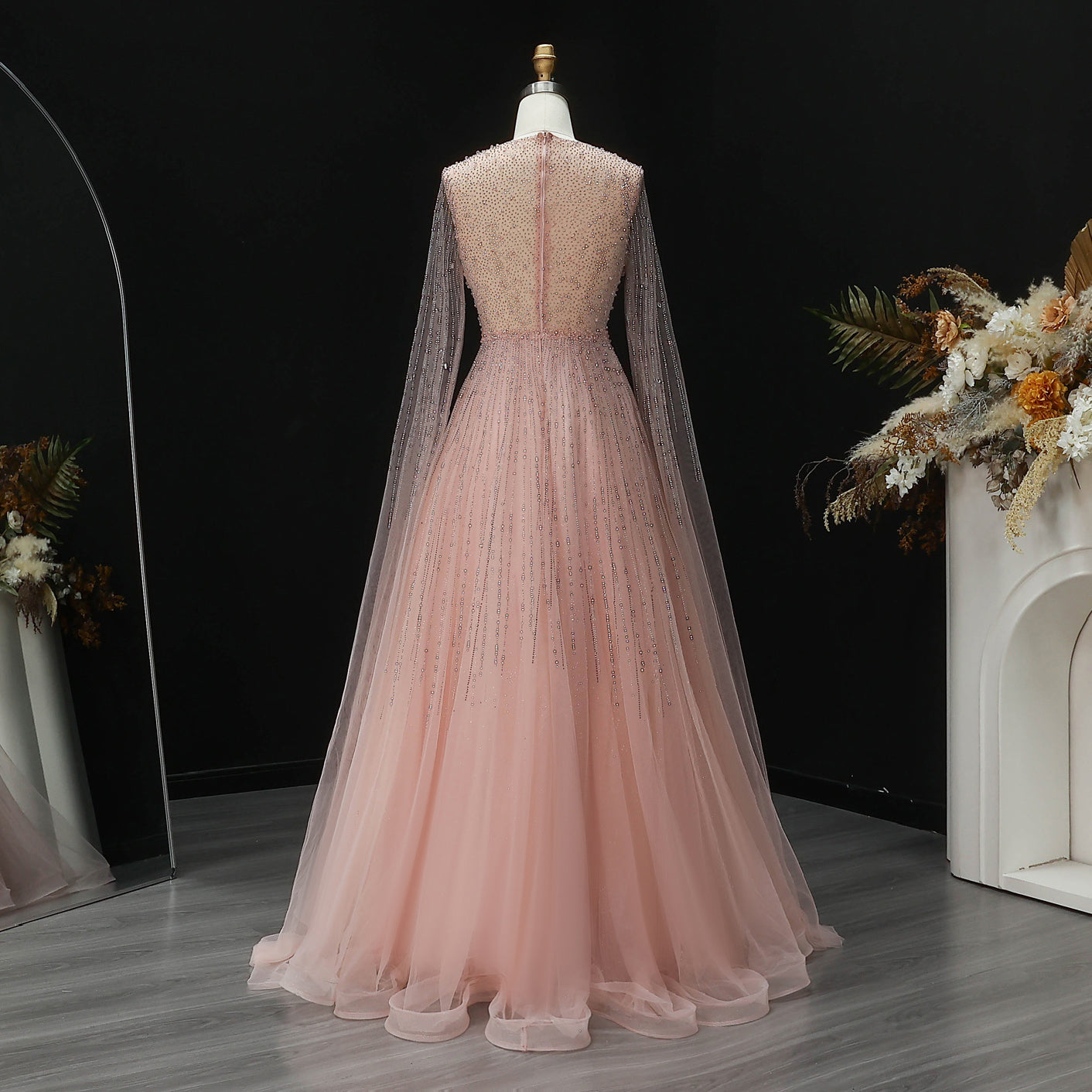 Luxury Pink Illusion Neck Beaded Chiffon Evening Dress with Cape Sleeves SS054