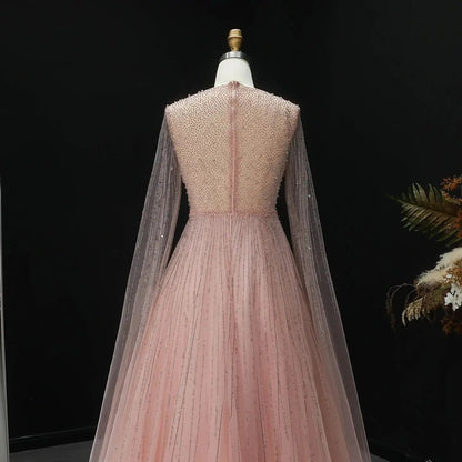 Glamorous Pink Illusion Neck Beaded Chiffon Evening Dress with Cape Sleeves SS054