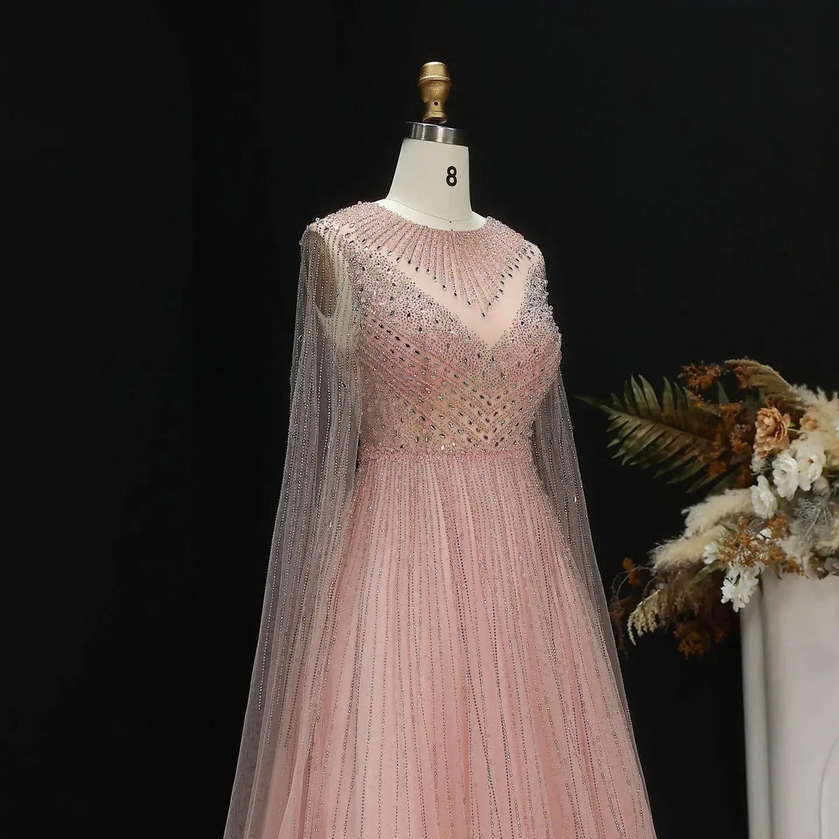 Glamorous Pink Illusion Neck Beaded Chiffon Evening Dress with Cape Sleeves SS054