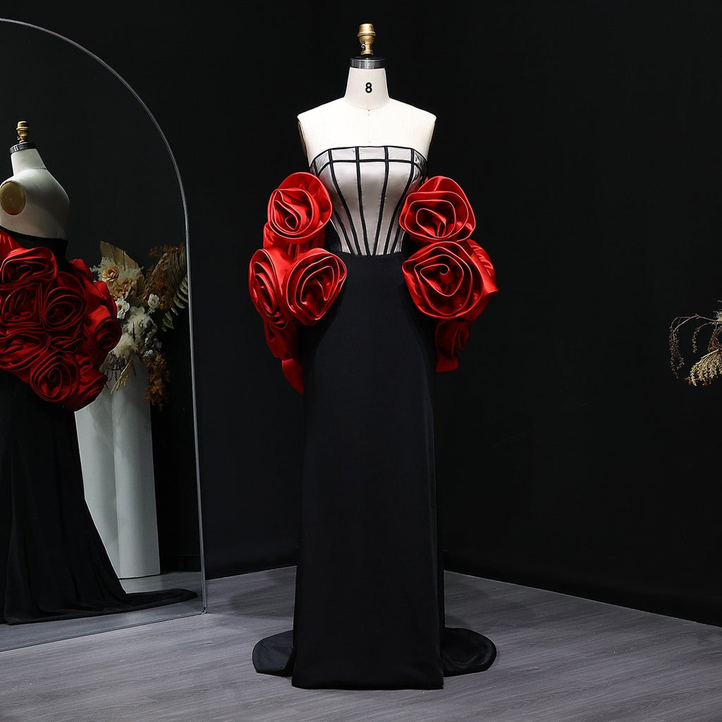 Luxury Burgundy Strapless 3D Floral Evening Dress SF185