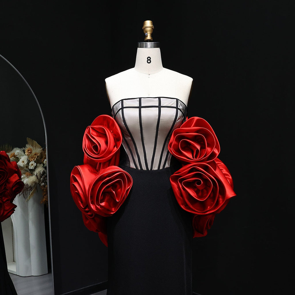 Luxury Burgundy Strapless 3D Floral Evening Dress SF185