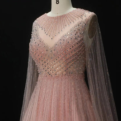 Glamorous Pink Illusion Neck Beaded Chiffon Evening Dress with Cape Sleeves SS054