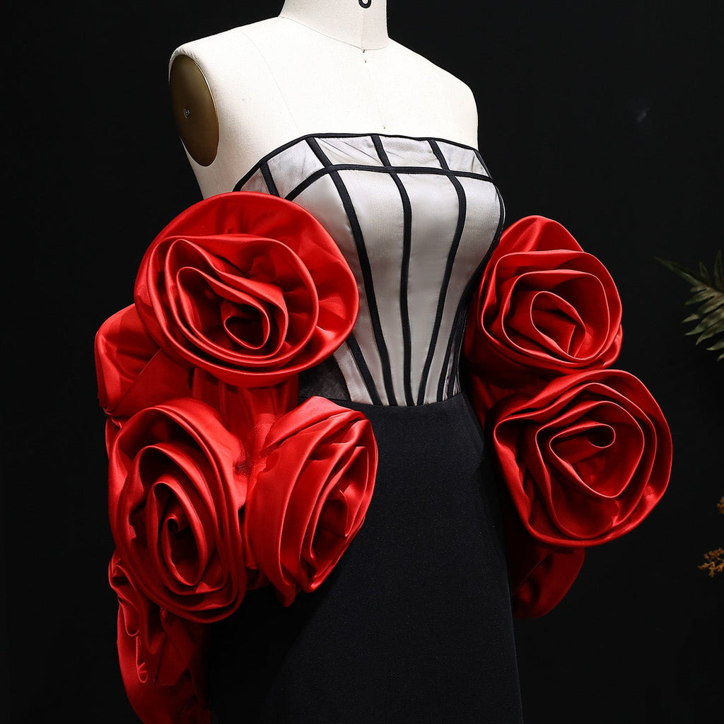 Luxury Burgundy Strapless 3D Floral Evening Dress SF185
