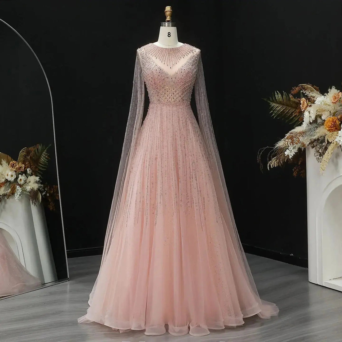 Glamorous Pink Illusion Neck Beaded Chiffon Evening Dress with Cape Sleeves SS054