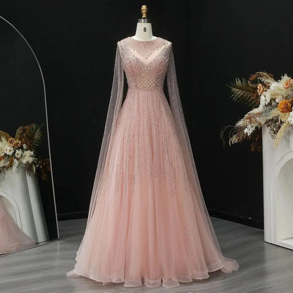 Glamorous Pink Illusion Neck Beaded Chiffon Evening Dress with Cape Sleeves SS054