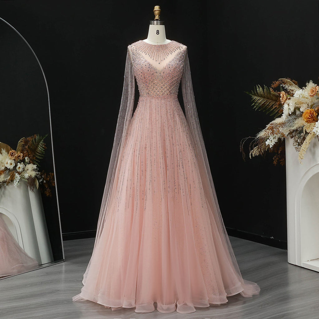 Luxury Pink Illusion Neck Beaded Chiffon Evening Dress with Cape Sleeves SS054