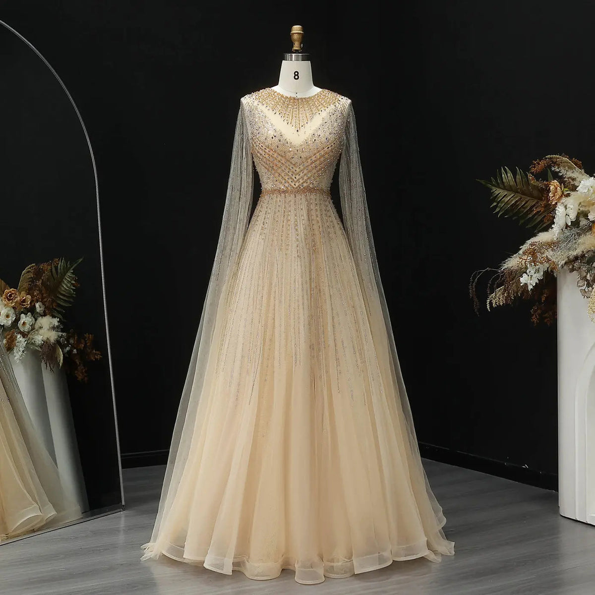 Glamorous Pink Illusion Neck Beaded Chiffon Evening Dress with Cape Sleeves SS054
