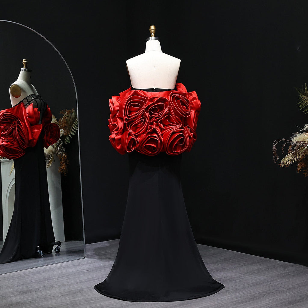Luxury Burgundy Strapless 3D Floral Evening Dress SF185