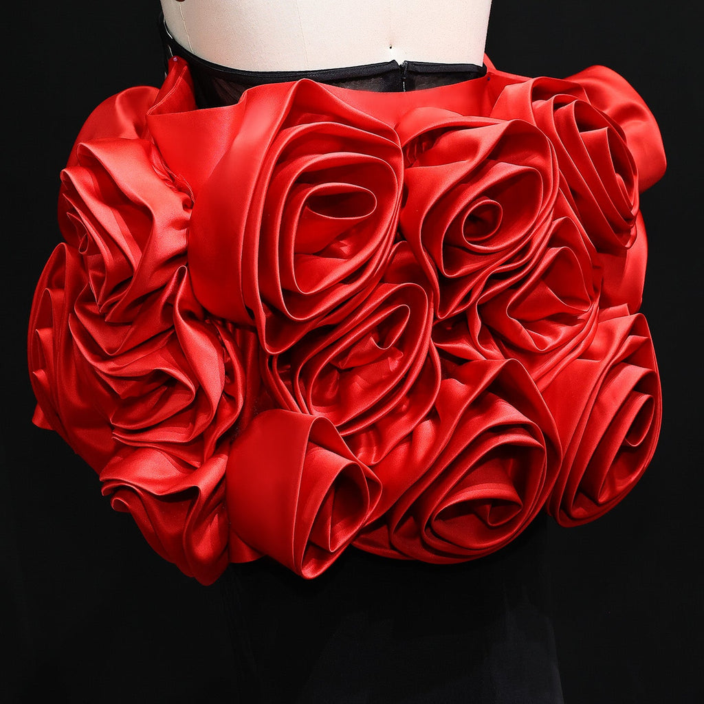 Luxury Burgundy Strapless 3D Floral Evening Dress SF185