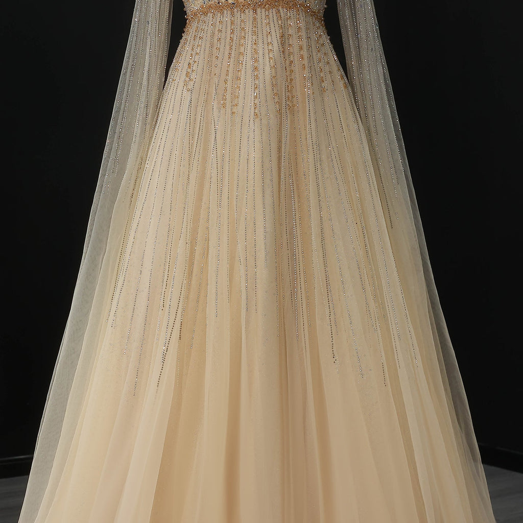 Luxury Pink Illusion Neck Beaded Chiffon Evening Dress with Cape Sleeves SS054