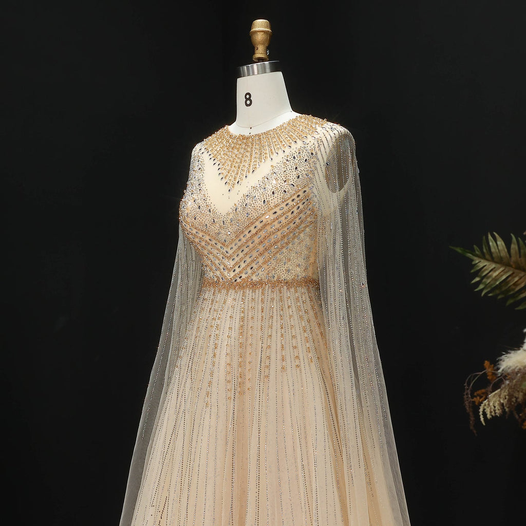 Luxury Pink Illusion Neck Beaded Chiffon Evening Dress with Cape Sleeves SS054