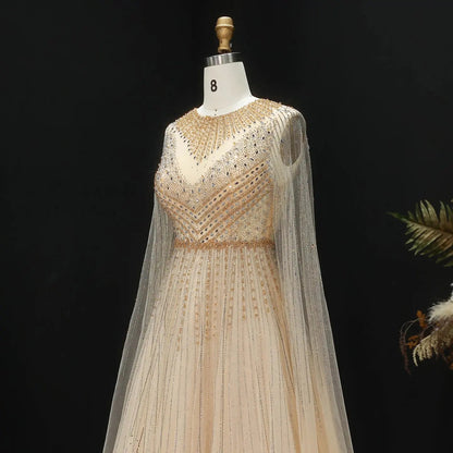 Glamorous Pink Illusion Neck Beaded Chiffon Evening Dress with Cape Sleeves SS054