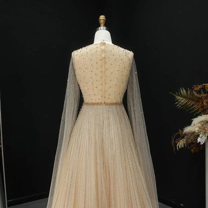 Glamorous Pink Illusion Neck Beaded Chiffon Evening Dress with Cape Sleeves SS054