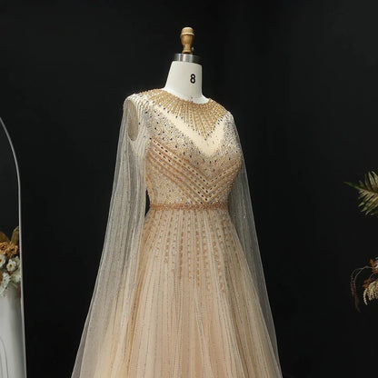 Glamorous Pink Illusion Neck Beaded Chiffon Evening Dress with Cape Sleeves SS054