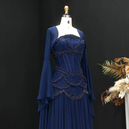 Luxury Pearls Tassel Blue and Yellow Evening Dress with Flowing Sleeves SS286