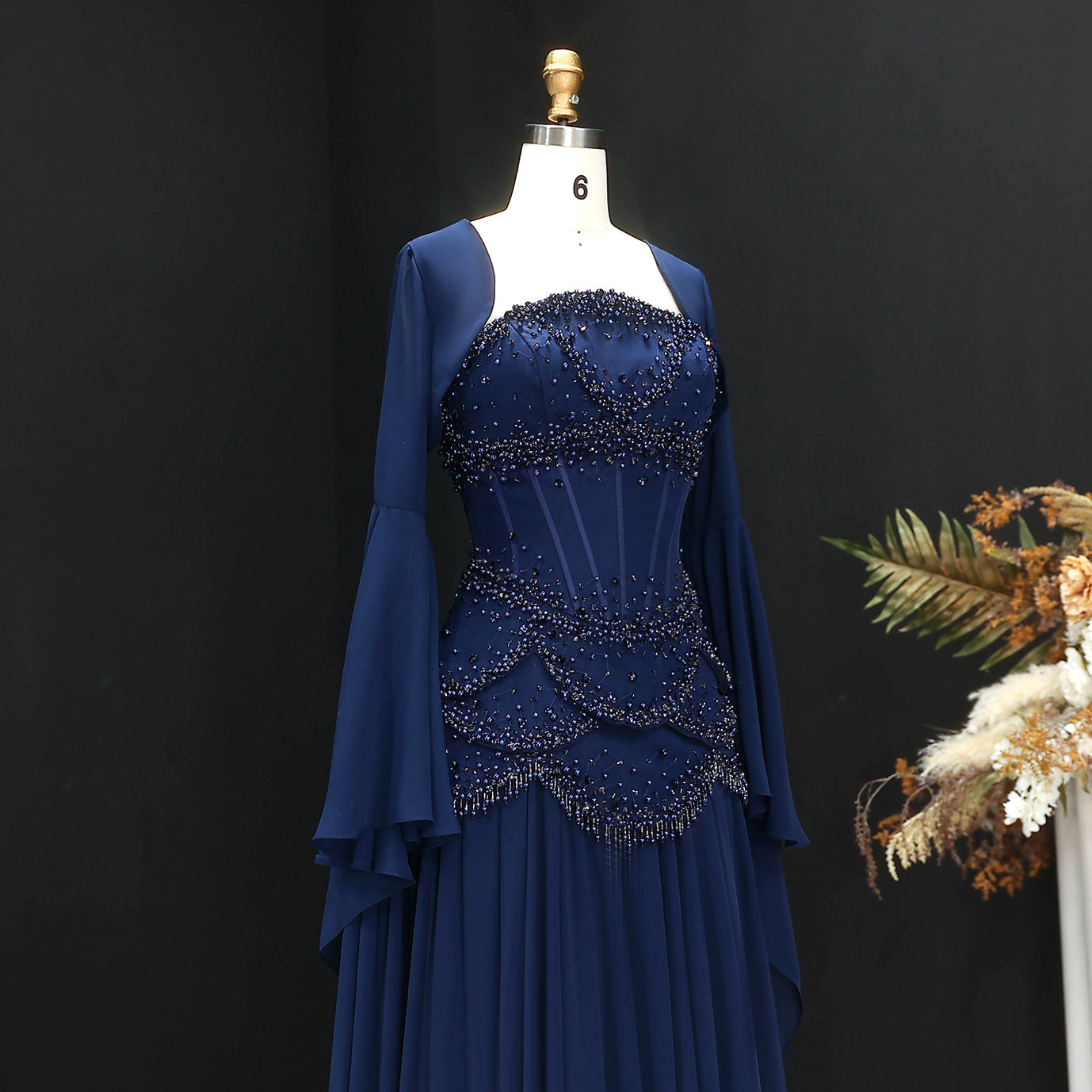 Luxury Pearls Tassel Blue and Yellow Evening Dress with Flowing Sleeves SS286
