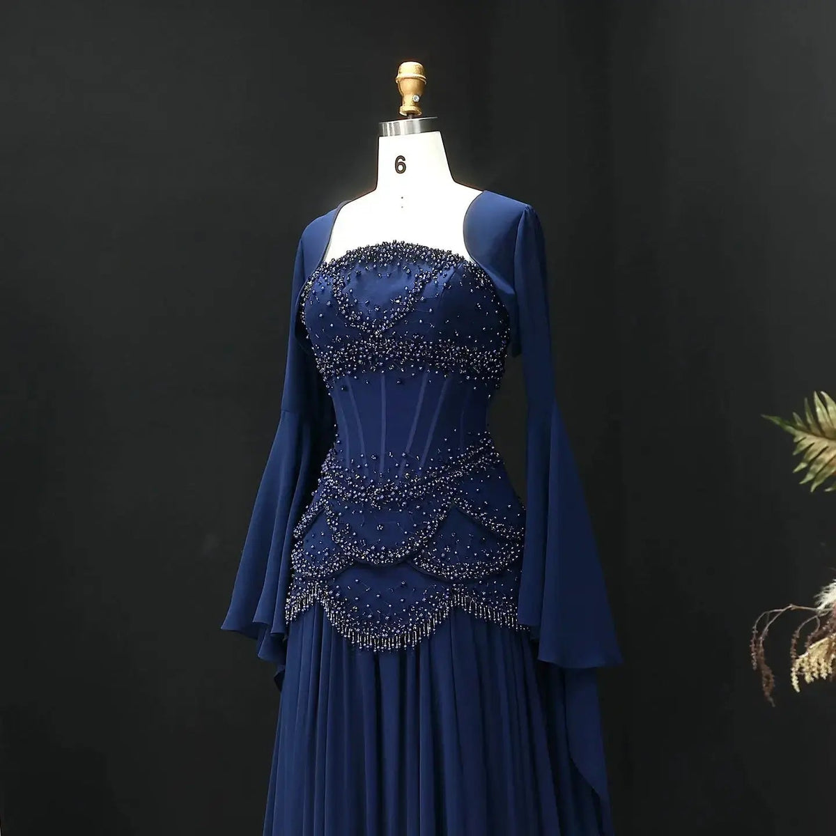 Luxury Pearls Tassel Blue and Yellow Evening Dress with Flowing Sleeves SS286