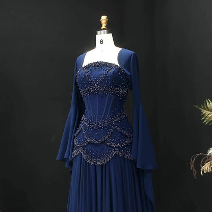 Luxury Pearls Tassel Blue and Yellow Evening Dress with Flowing Sleeves SS286