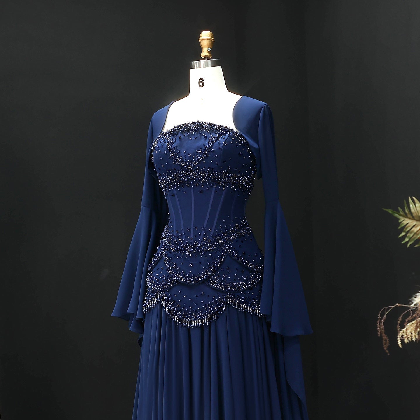 Luxury Pearls Tassel Blue and Yellow Evening Dress with Flowing Sleeves SS286