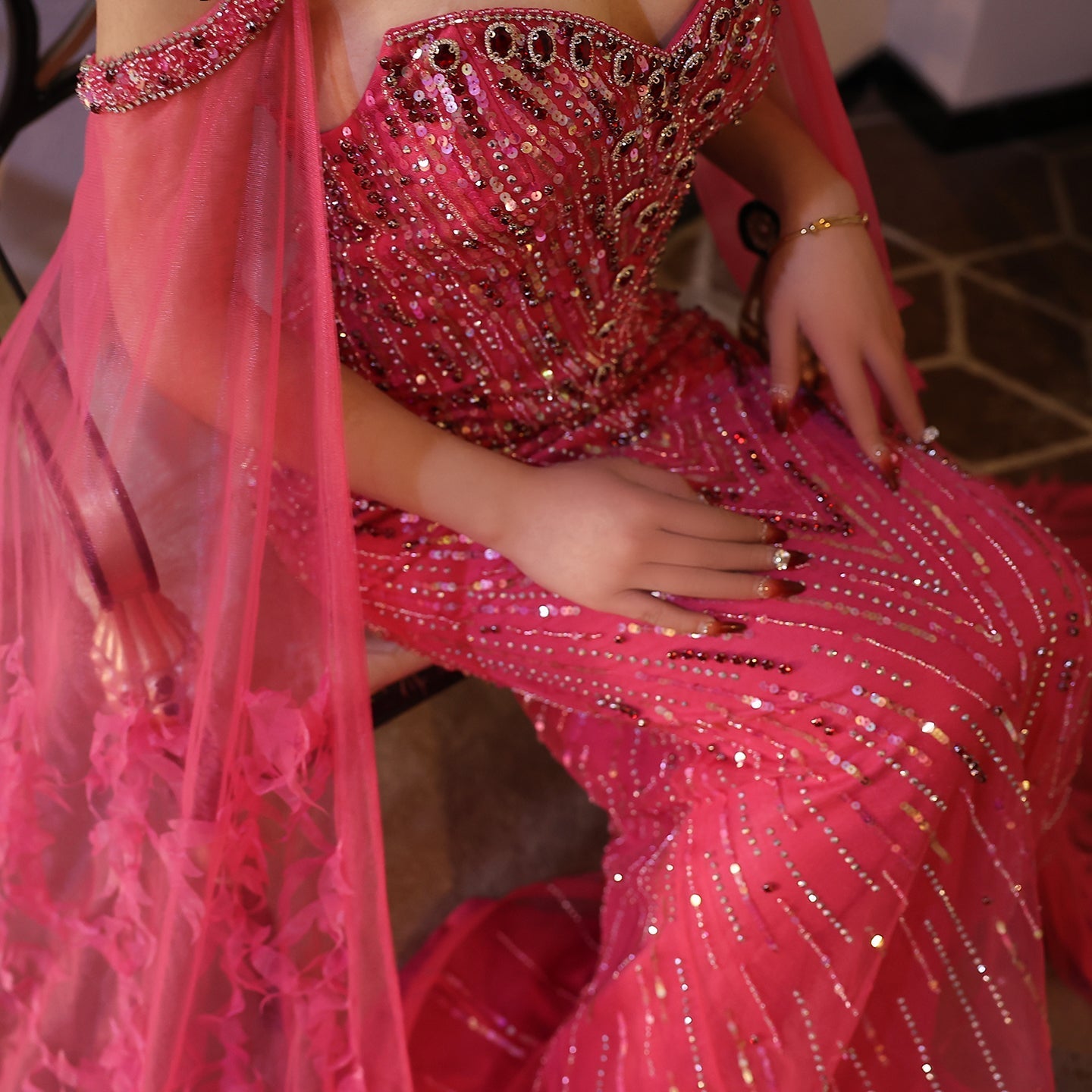 Luxury Crystal Fuchsia Evening Dress with Cape Sleeves SS468