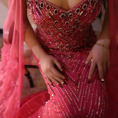 Luxury Fuchsia Evening Dress with Cape Sleeves SS468