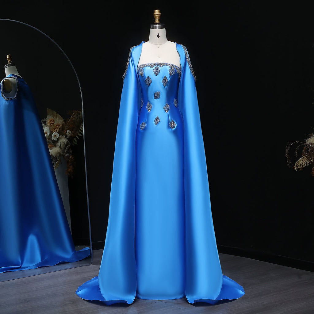 Elegant Blue Beaded Embellished Evening Dress with Cape Sleeve SF250