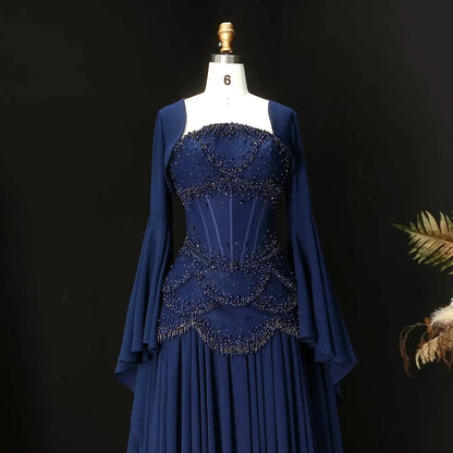 Luxury Pearls Tassel Blue and Yellow Evening Dress with Flowing Sleeves SS286