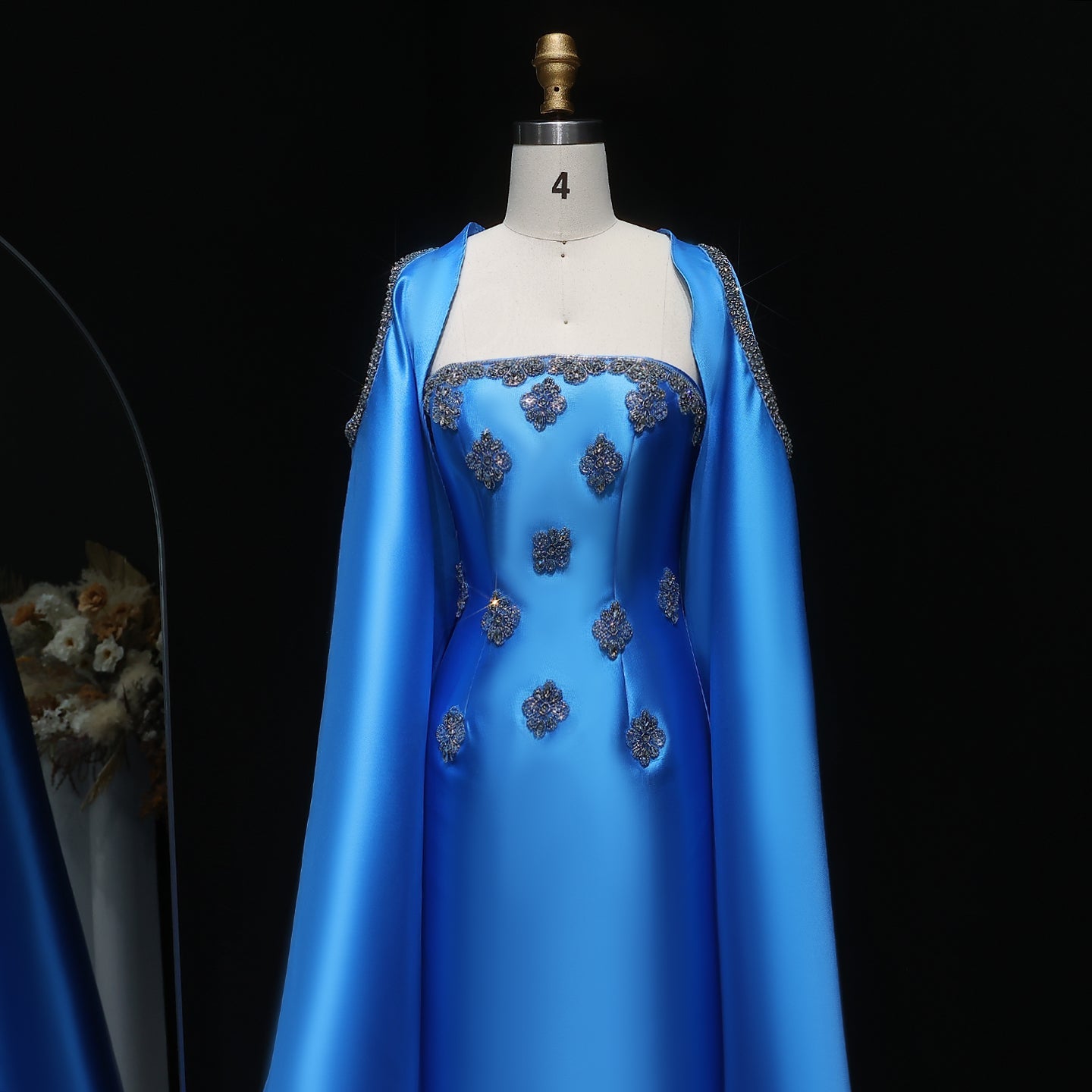 Elegant Blue Beaded Embellished Evening Dress with Cape Sleeve SF250