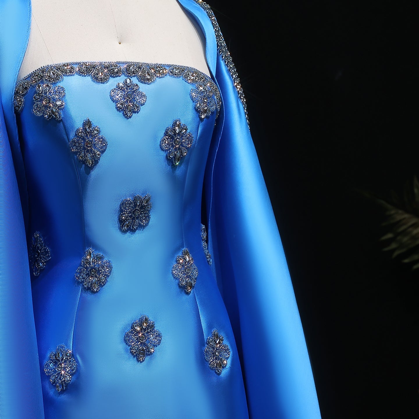 Elegant Blue Beaded Embellished Evening Dress with Cape Sleeve SF250