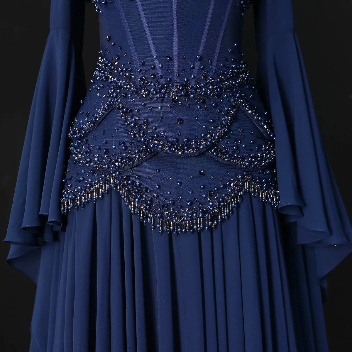 Luxury Pearls Tassel Blue and Yellow Evening Dress with Flowing Sleeves SS286