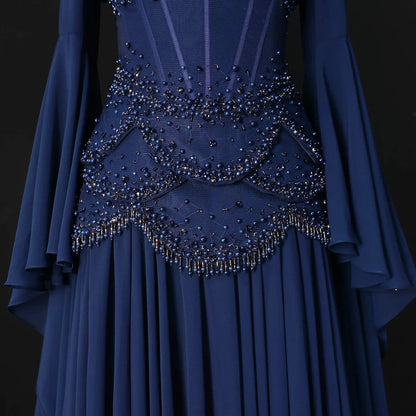 Luxury Pearls Tassel Blue and Yellow Evening Dress with Flowing Sleeves SS286